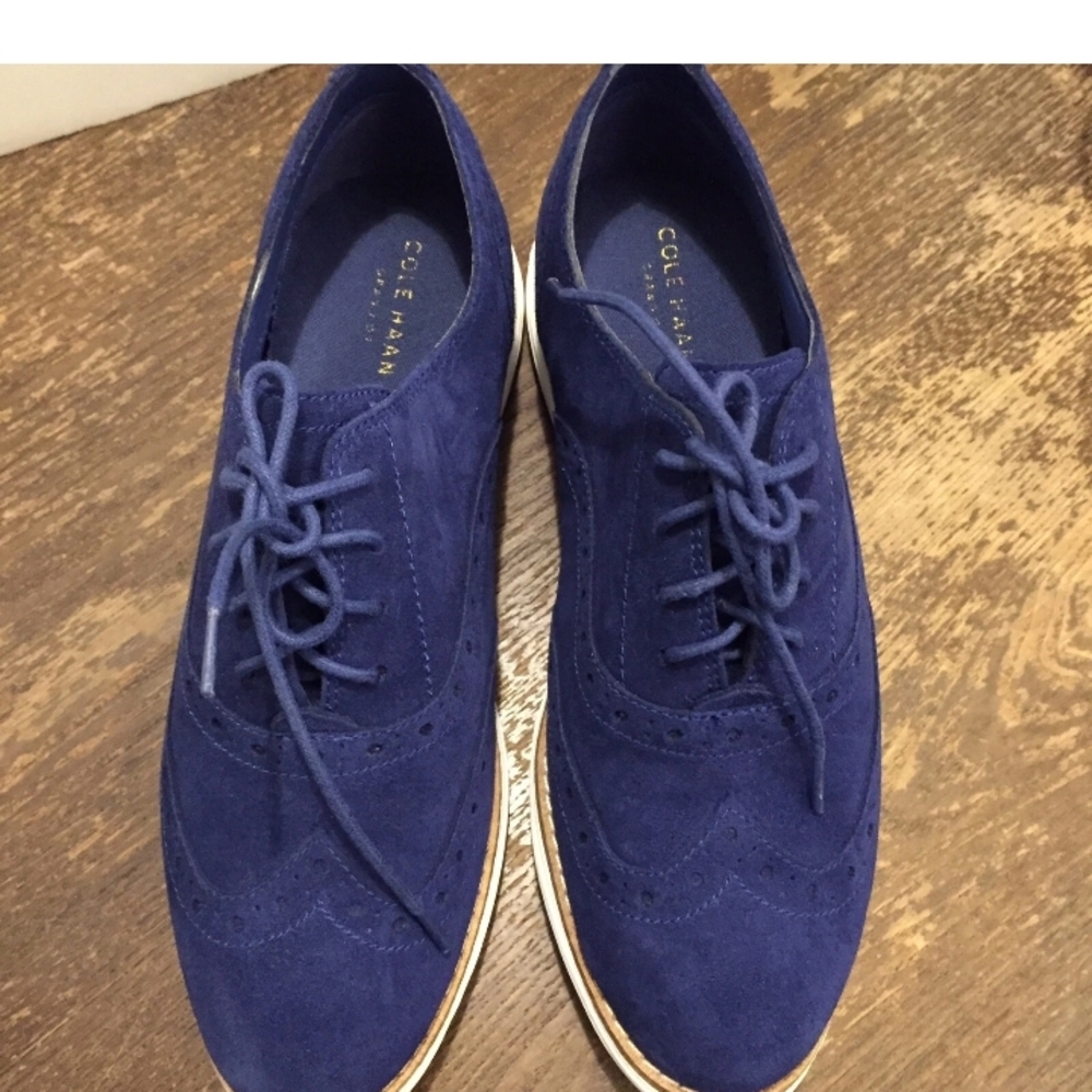 Cole Haan Blue Suede Oxfords with White Sole - Picture 3 of 5